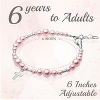 Sterling Silver Crimps Cross Charm Pink Pearl Christening Baptism Bracelet for Girls