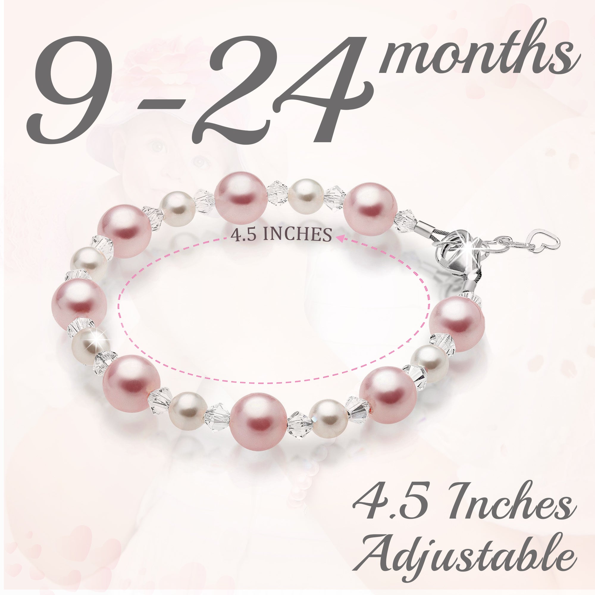 Sterling Silver Pink White Pearl Infant Bracelet with Clear Crystals Baby Crystals