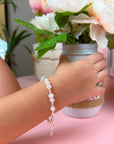Sterling Silver Freshwater Cultured White Pearl Bracelet with Silver Beads & Cross