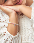 White Pearl Charm Bracelet, Sterling Silver Baptism Cross & Pink Crystals