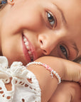 White Pearl Charm Bracelet, Sterling Silver Baptism Cross & Pink Crystals