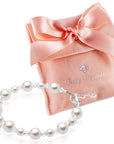 Sterling Silver Baptism Bracelet, White Pearls, Cross Charm & Clear Crystals