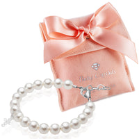 Sterling Silver Crystal Cross White Pearl Bracelet for Girls - Baptism Gifts