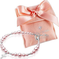 Newborn Baby Girl Sterling Silver Cross Pink Pearl Christening Baptism Bracelet