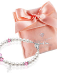 White Pearl Charm Bracelet, Sterling Silver Baptism Cross & Pink Crystals