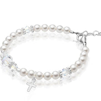 Infant Baby Sterling Silver Cross Baptism Pearl Bracelet White Pearl Clear Crystals