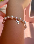 Sterling Silver Cross Charm Bracelet with Pink Pearls