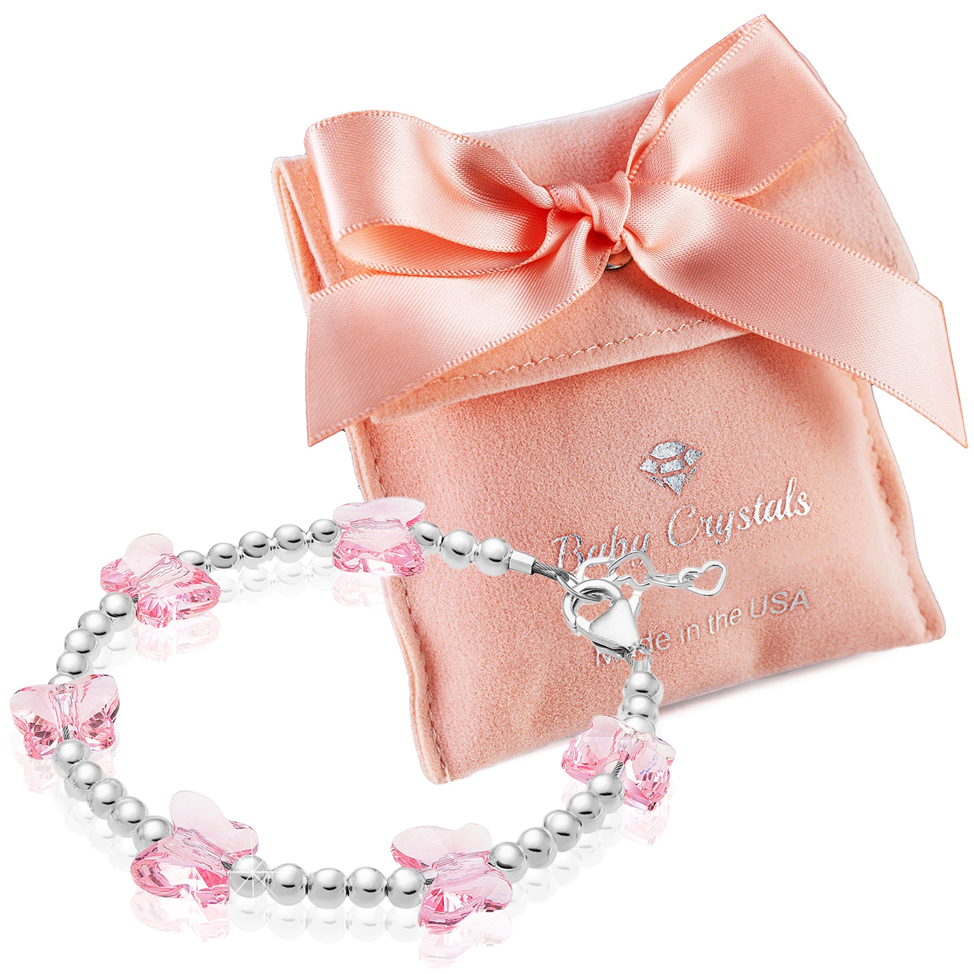Geneva 925 Sterling Silver Quartz Watch Pink Beaded Bracelet Butterfly Charm 8 MM Pink Crystals Butterfly Bracelet for Girls – Baby Crystals main image 2