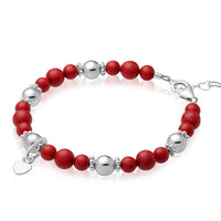 Sterling Silver Heart Charm Pearl Bracelet for Girls -Red Coral Simulated European Pearls
