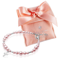 Sterling Silver Crimps Cross Charm Pink Pearl Christening Baptism Bracelet for Girls