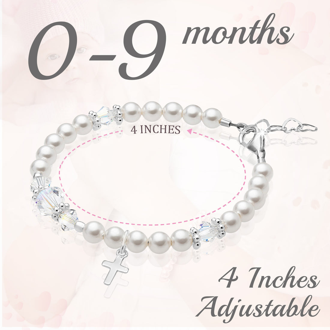 Newborn Baby Sterling Silver Cross Baptism Pearl Bracelet White Pearl Clear Crystals