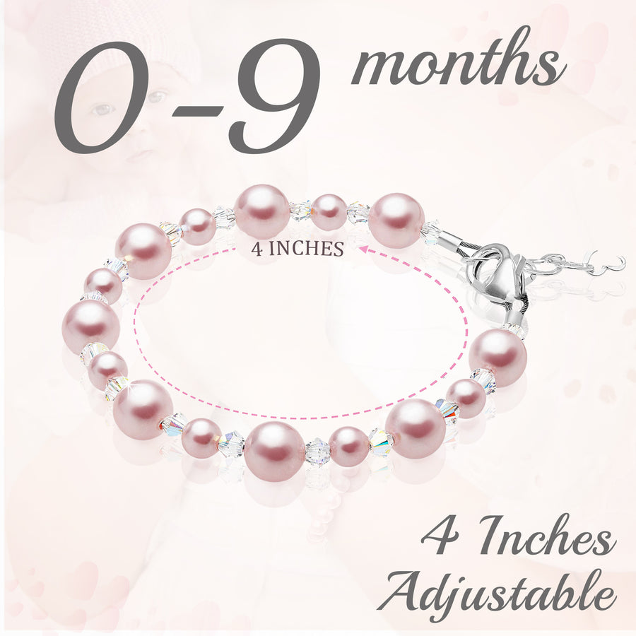 Sterling Silver Bracelet for Girls with Pink Pearls & Clear Crystals