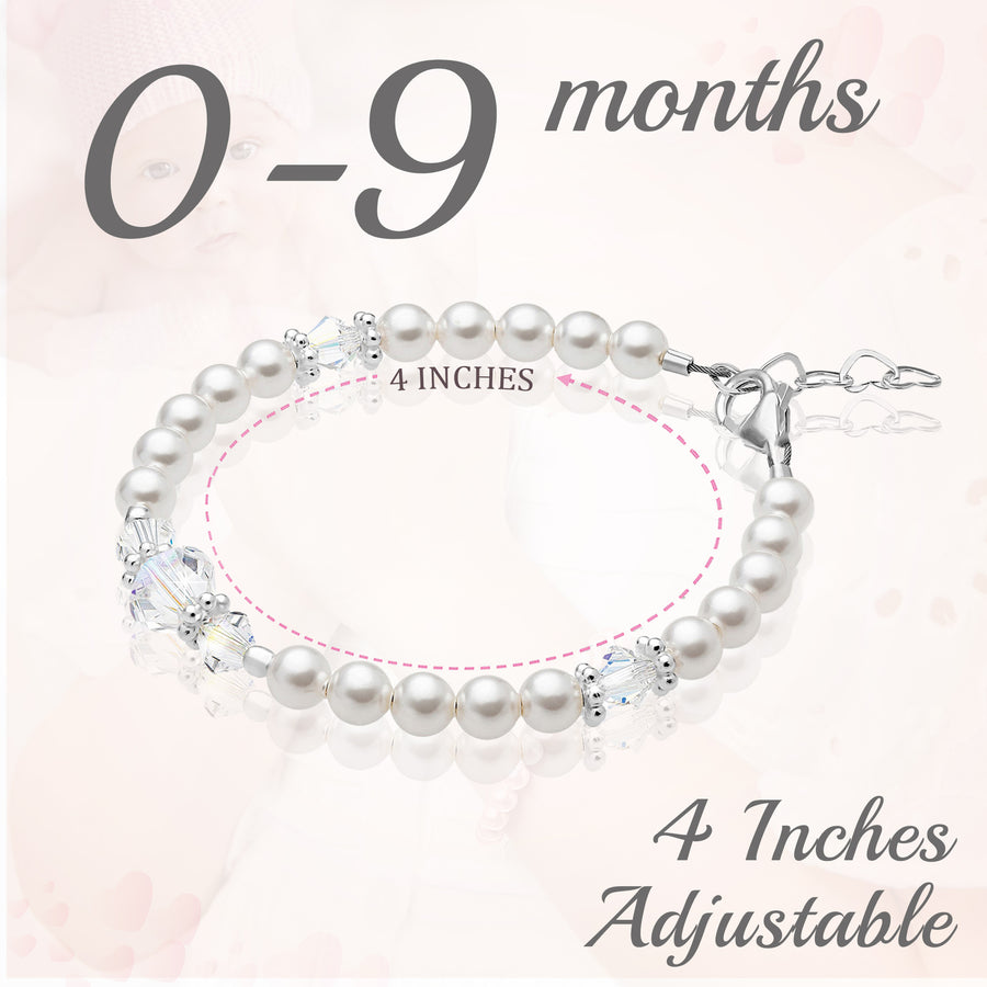 Sterling Silver Bracelet For Girls With Clear Crystals & White Pearls