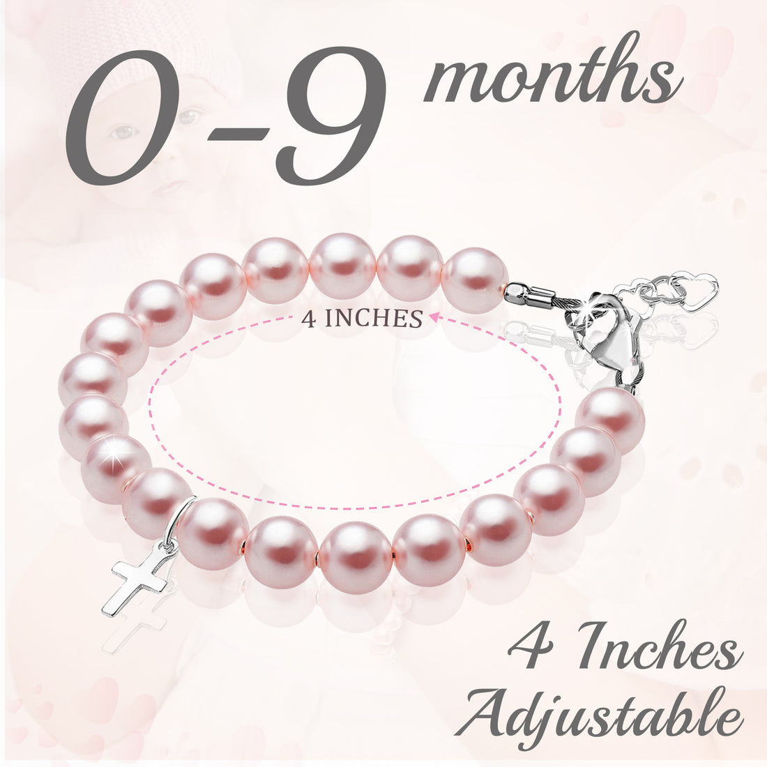 Sterling Silver Cross Charm Pink Pearl Bracelets for Girls - Baptism Gifts