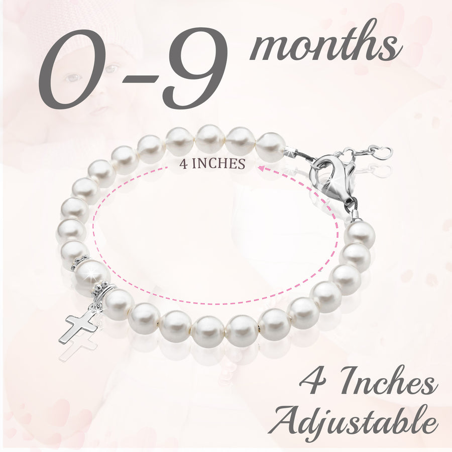 Sterling Silver Cross Charm White Pearl Bracelet for Girls - Christening & Baptism Gifts