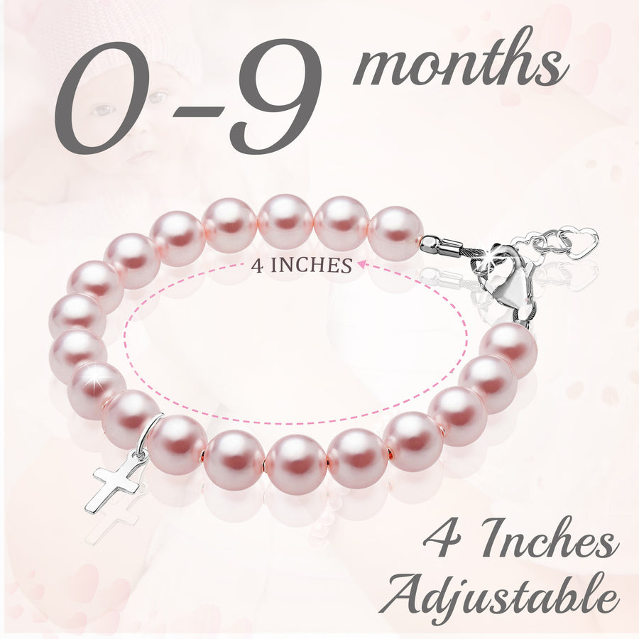 Sterling Silver Cross Baptism Bracelet for Girls - Pink & White Pearl Clear Crystals