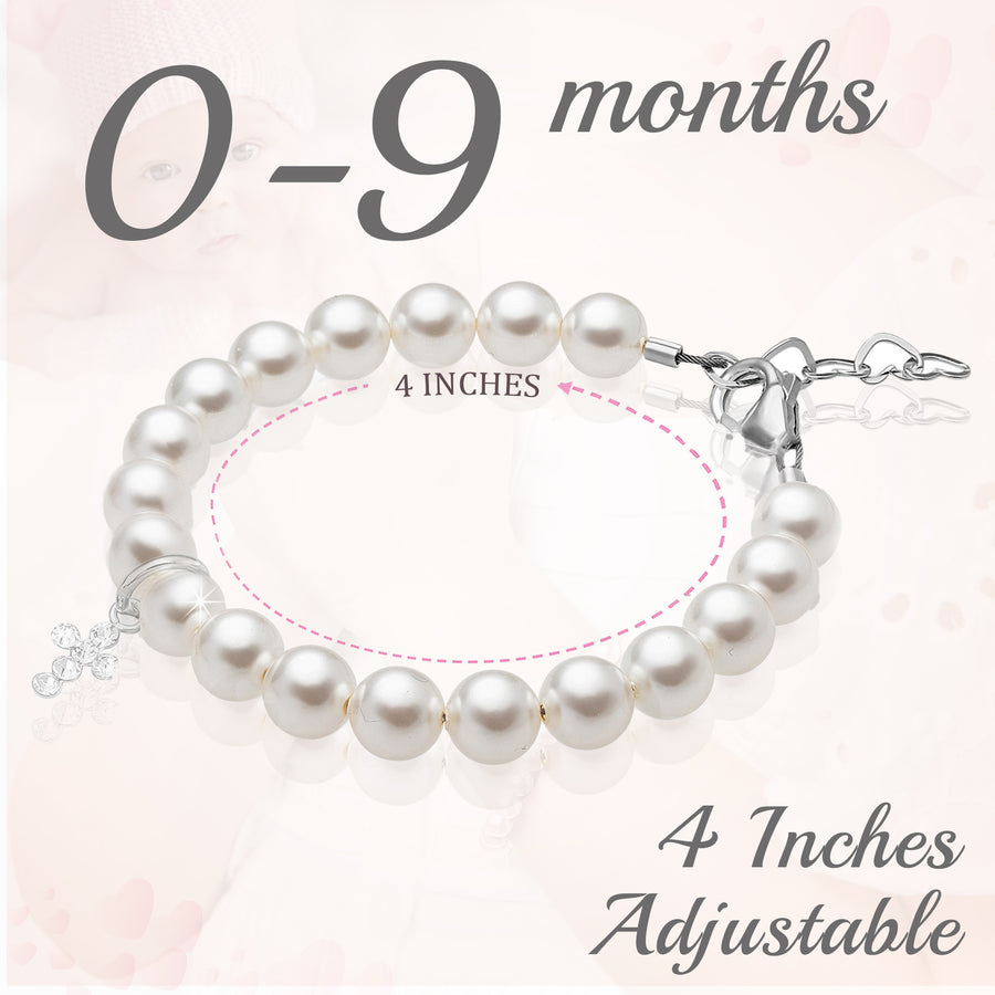 Sterling Silver Crystal Cross White Pearl Bracelet for Girls - Baptism Gifts