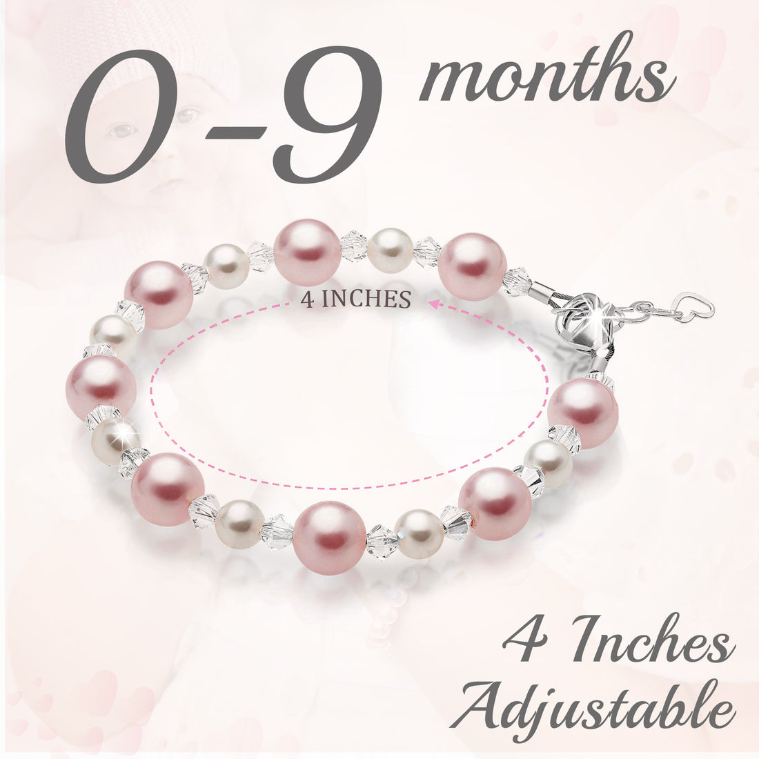 Sterling Silver Bracelet for Girls with Pink & White Pearls & Clear Crystals