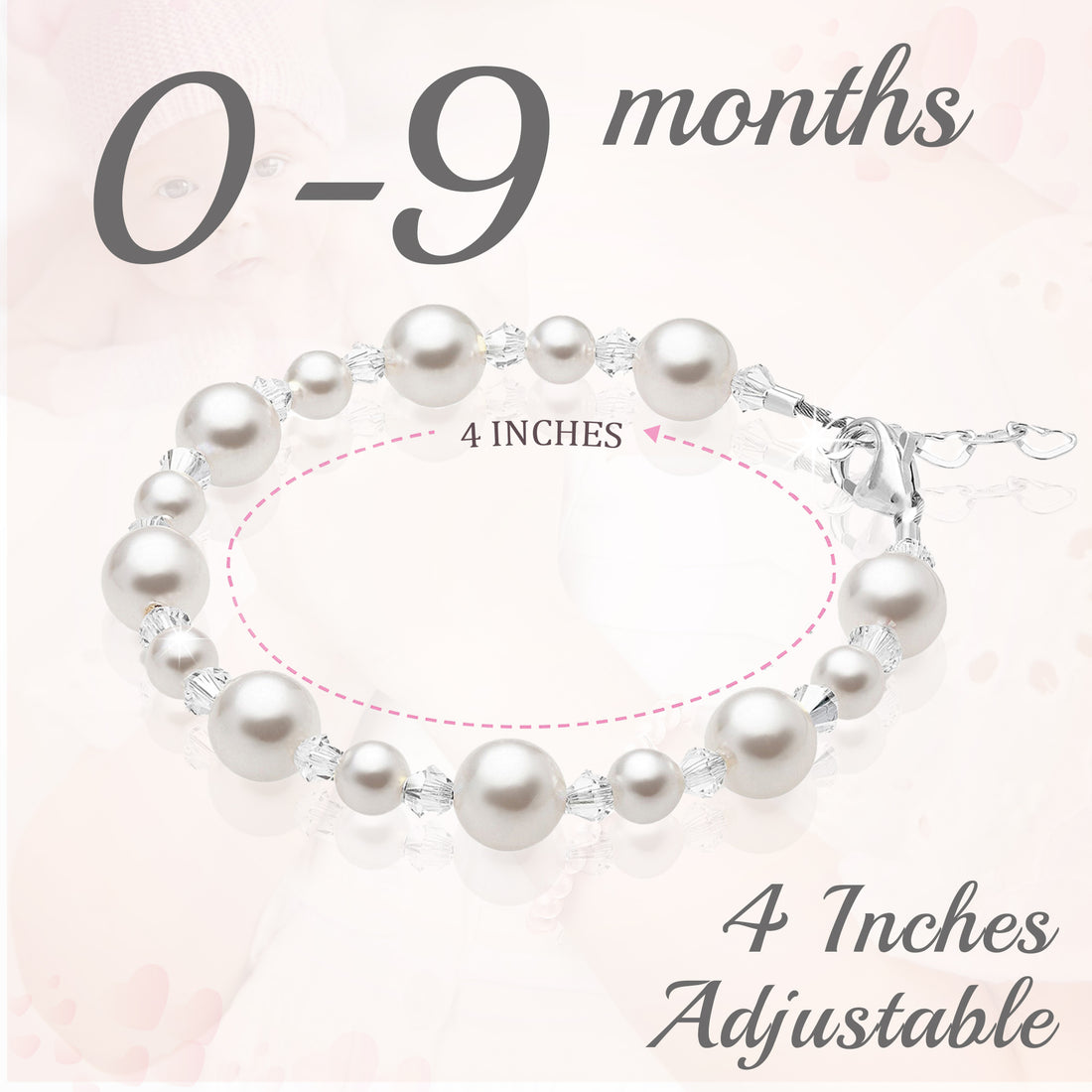 Sterling Silver Bracelet for Girls with White Pearls & Clear Crystals