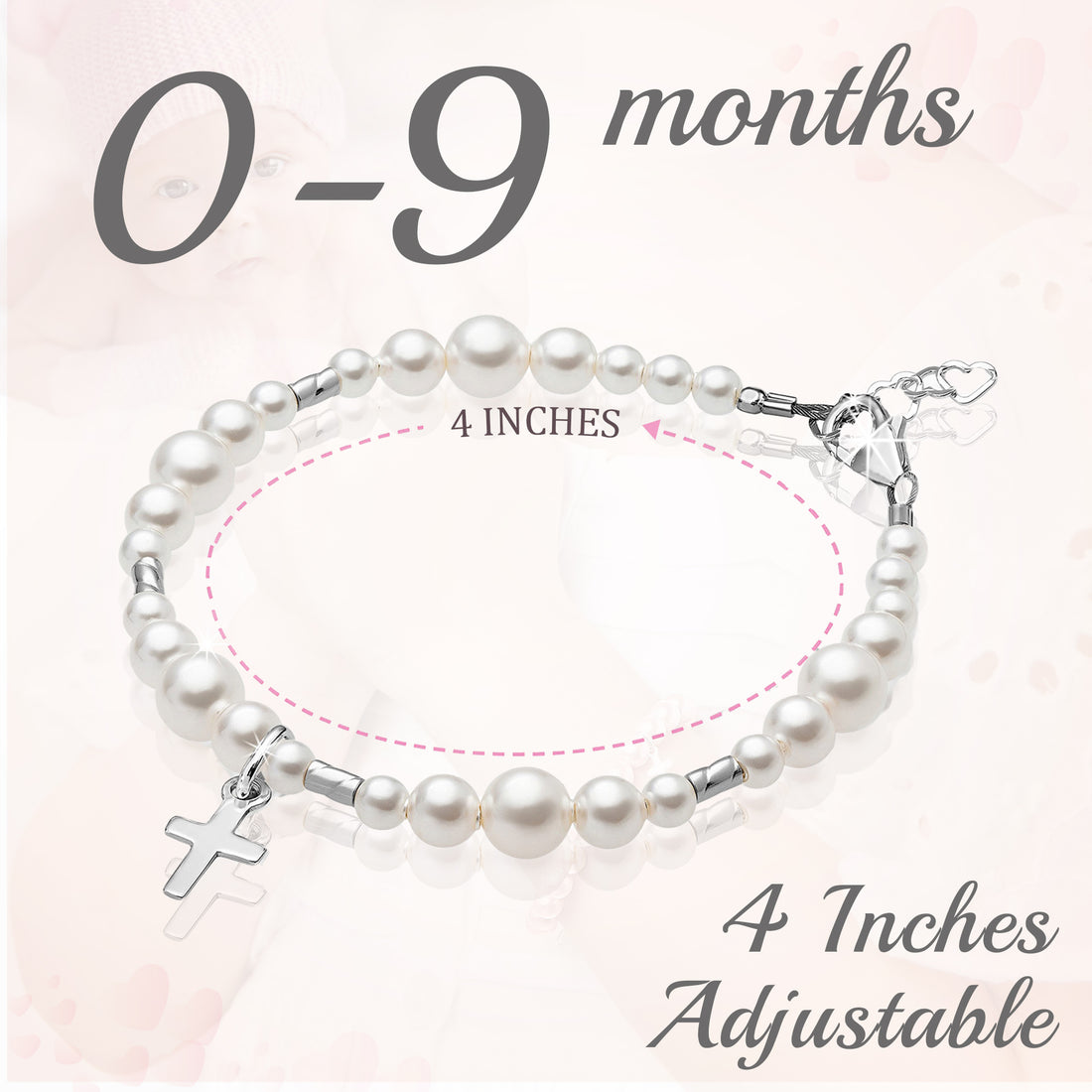 Sterling Silver Crimps Cross Charm white Pearl Christening Baptism Bracelet for Girls