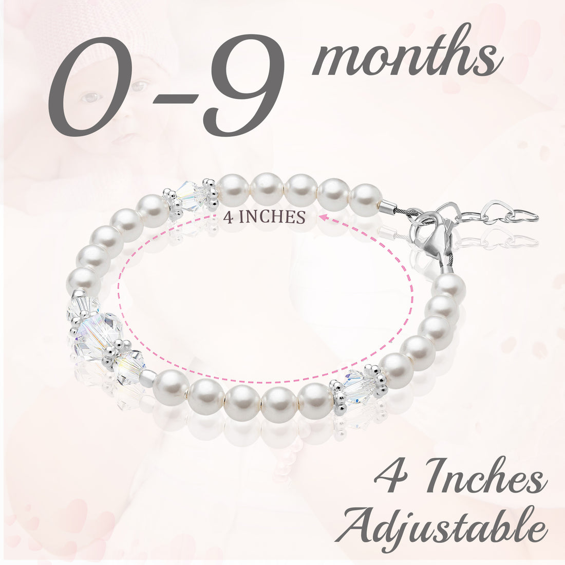 NewBorn Baby Girl Bracelet with Clear Crystals & white Pearls