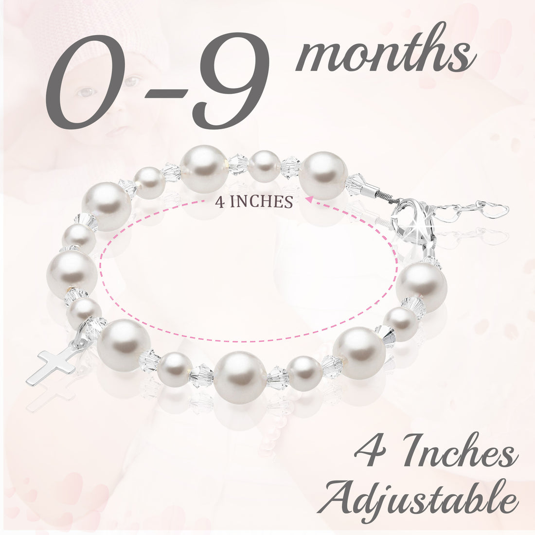 Sterling silver Cross White Pearl Bracelet for Girls Baptism & Christening