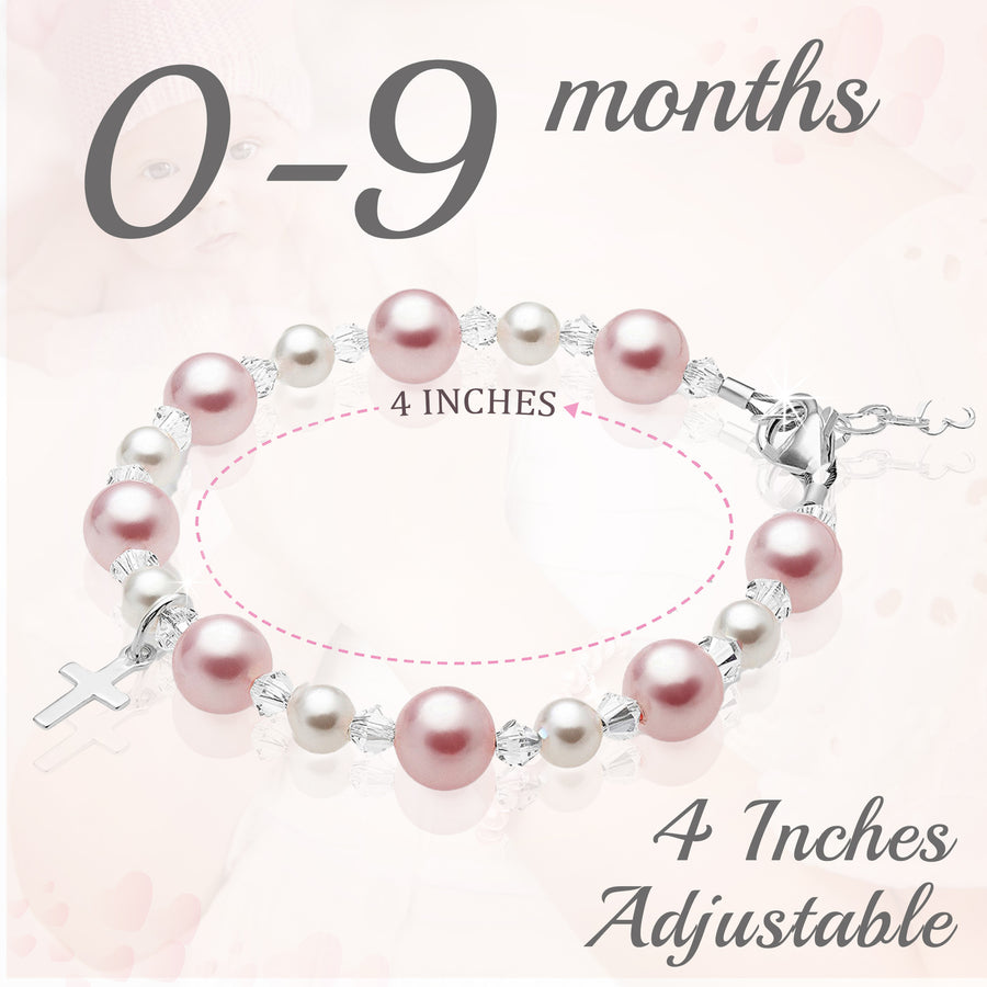 Sterling Silver Cross Baptism Bracelet for Girls - Pink & White Pearl Clear Crystals