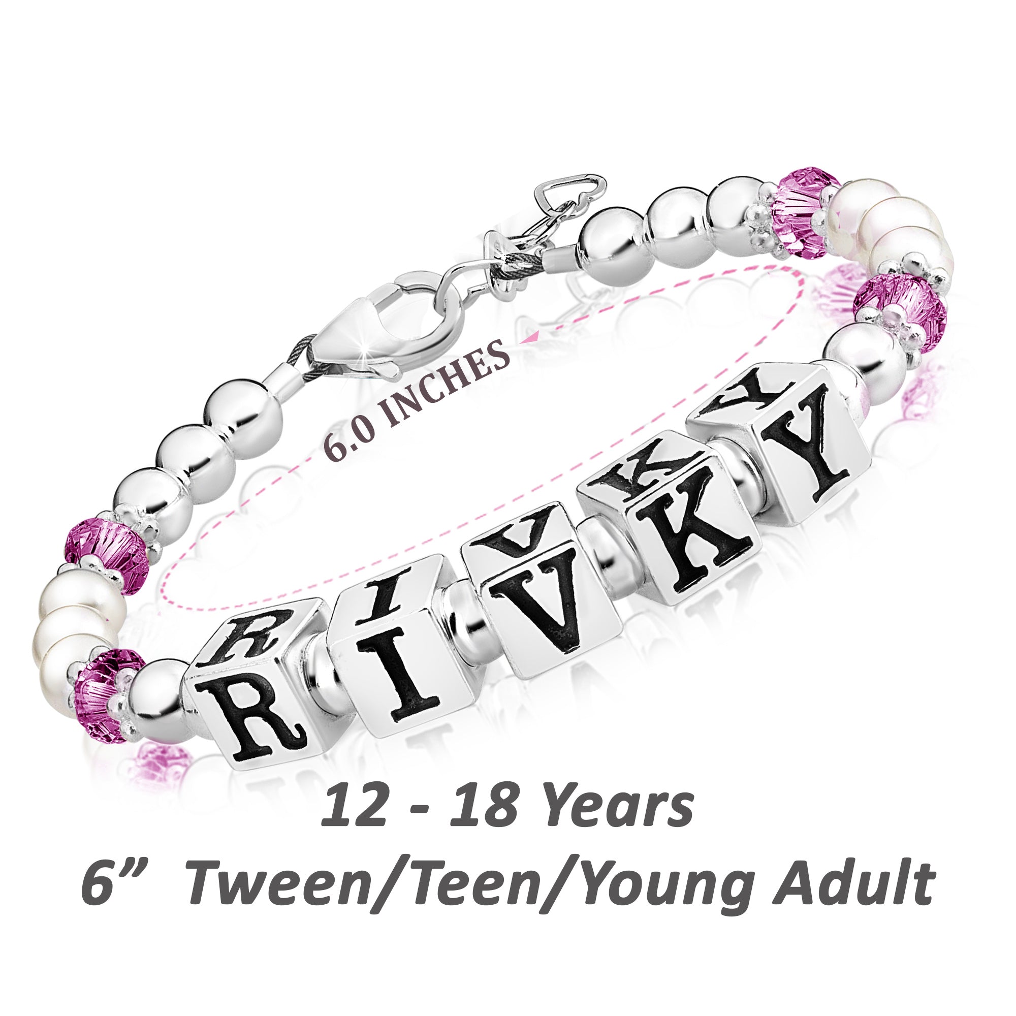 Baby Crystals Personalized Pearl Bracelet for Infant Girls - Baby Jewelry - Birthstone Bracelets with Name - Custom Name Bracelet for Women- Baptism Gifts -Teen Girl Gifts - Silver Jewelry Charm