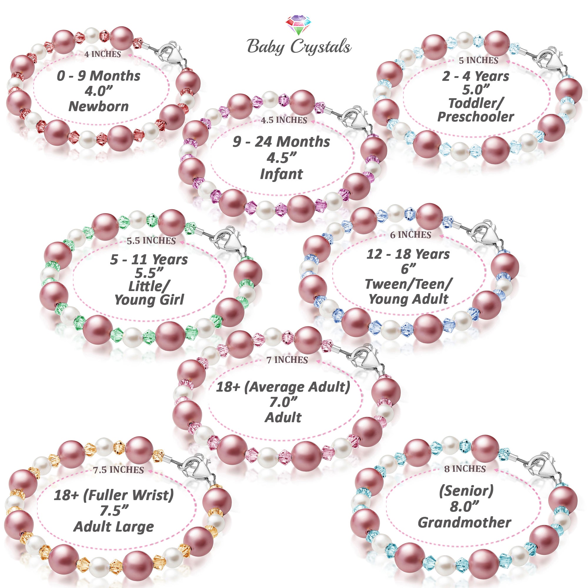 Personalized Birthstone Bracelets for Girls -White and Rose Simulated Austrian Pearls Crystals, Sterling Silver Initial Charm Bracelet Jewelry for Babies to teens, Customized Alphabet Letters