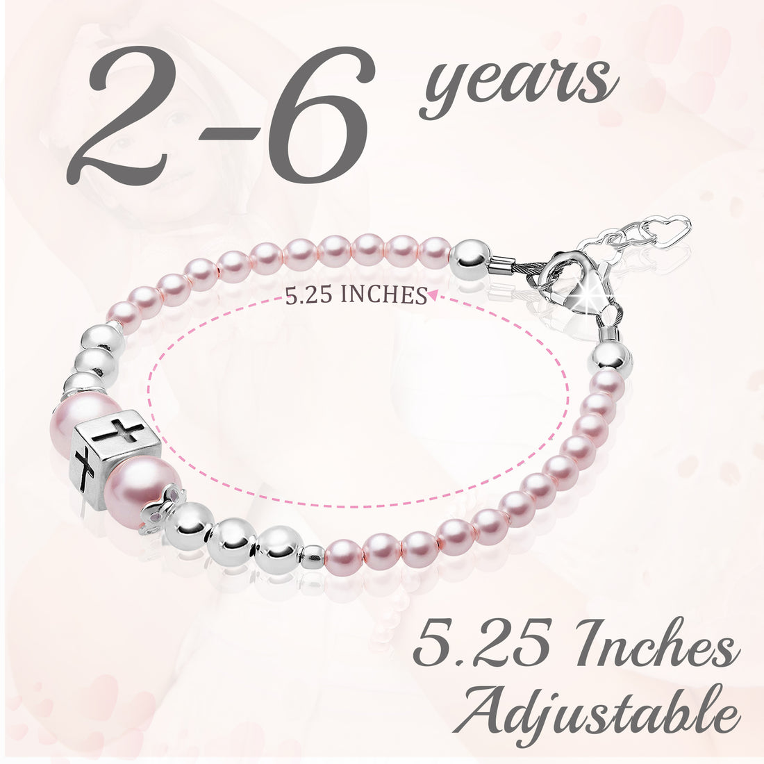 Sterling Silver Beads Box Cross Pink Pearl Bracelet for Girls - Baptism Gifts