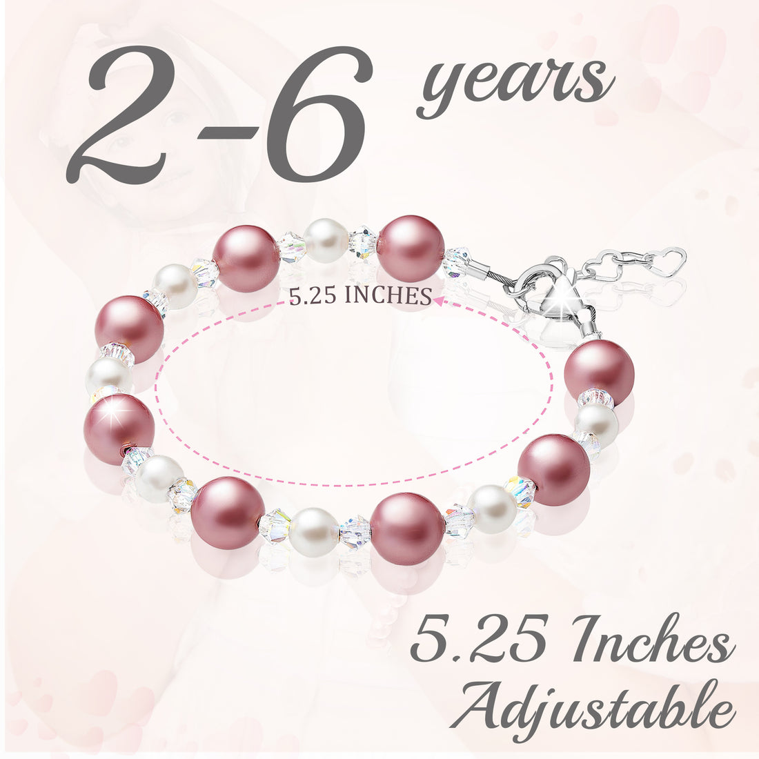 Little Girl Toddler Bracelet with Rose & White Pearls & Clear Crystals