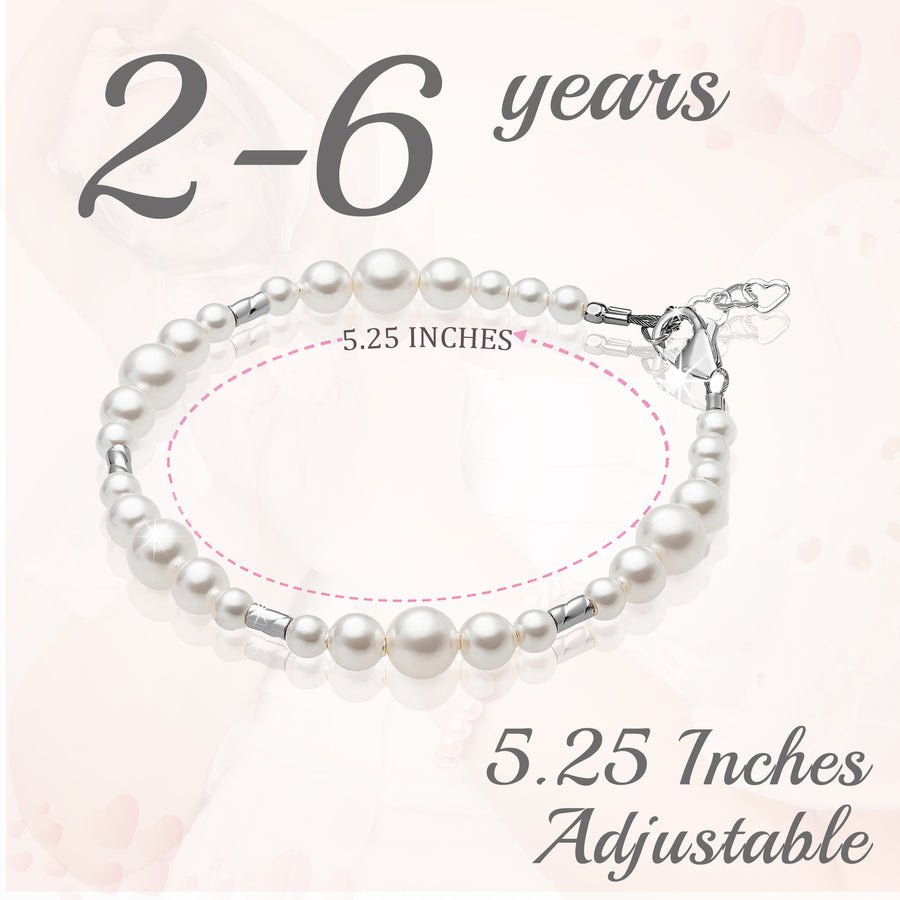 Little Girl Toddler Bracelet with White Pearl & Silver Crimps