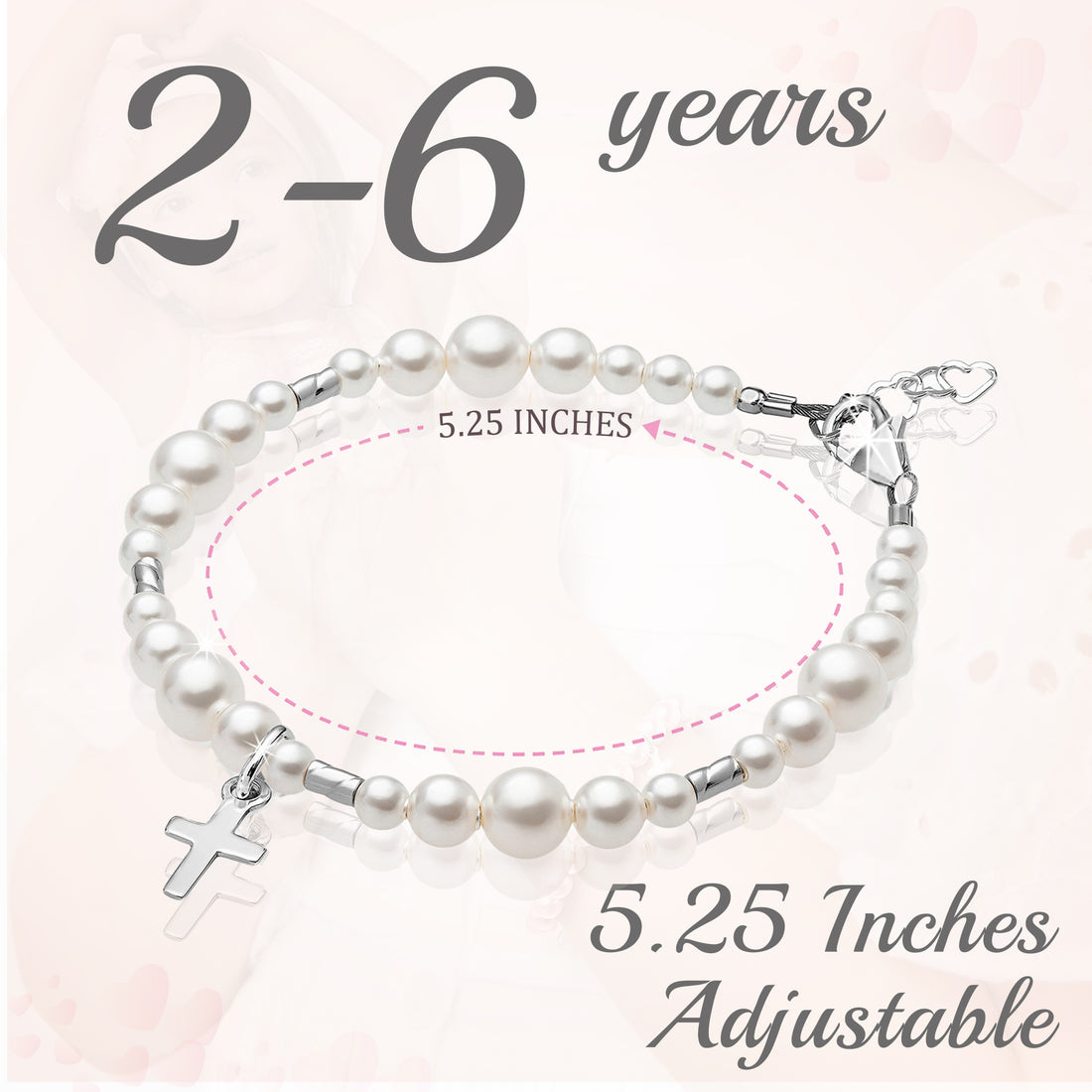 Sterling Silver Crimps Cross Charm white Pearl Christening Baptism Bracelet for Girls