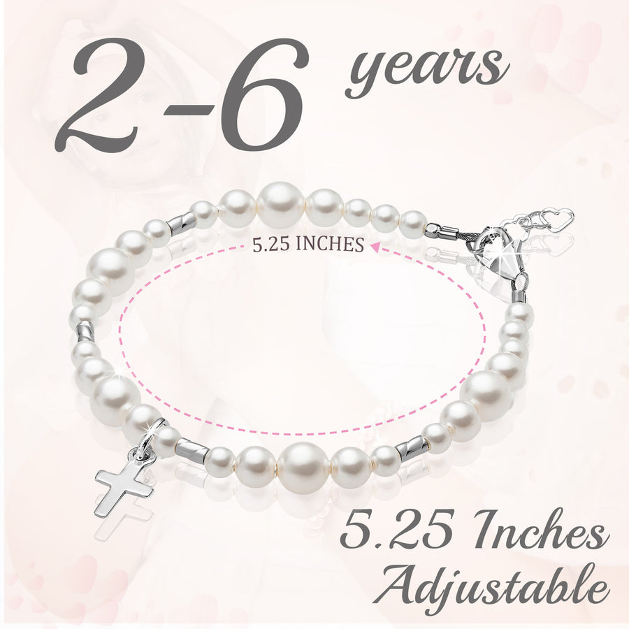 Sterling Silver Crimps Cross Charm white Pearl Christening Baptism Bracelet for Girls