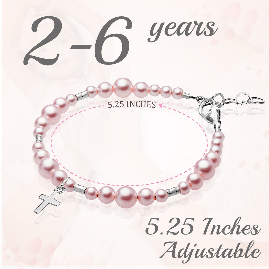 Toddler Baby Girl Sterling Silver Cross Pink Pearl Christening Baptism Bracelet