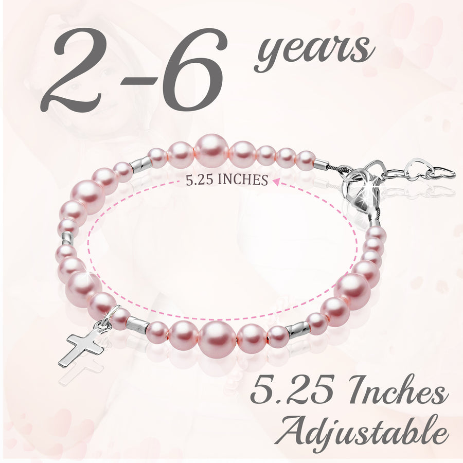 Toddler Baby Girl Sterling Silver Cross Pink Pearl Christening Baptism Bracelet