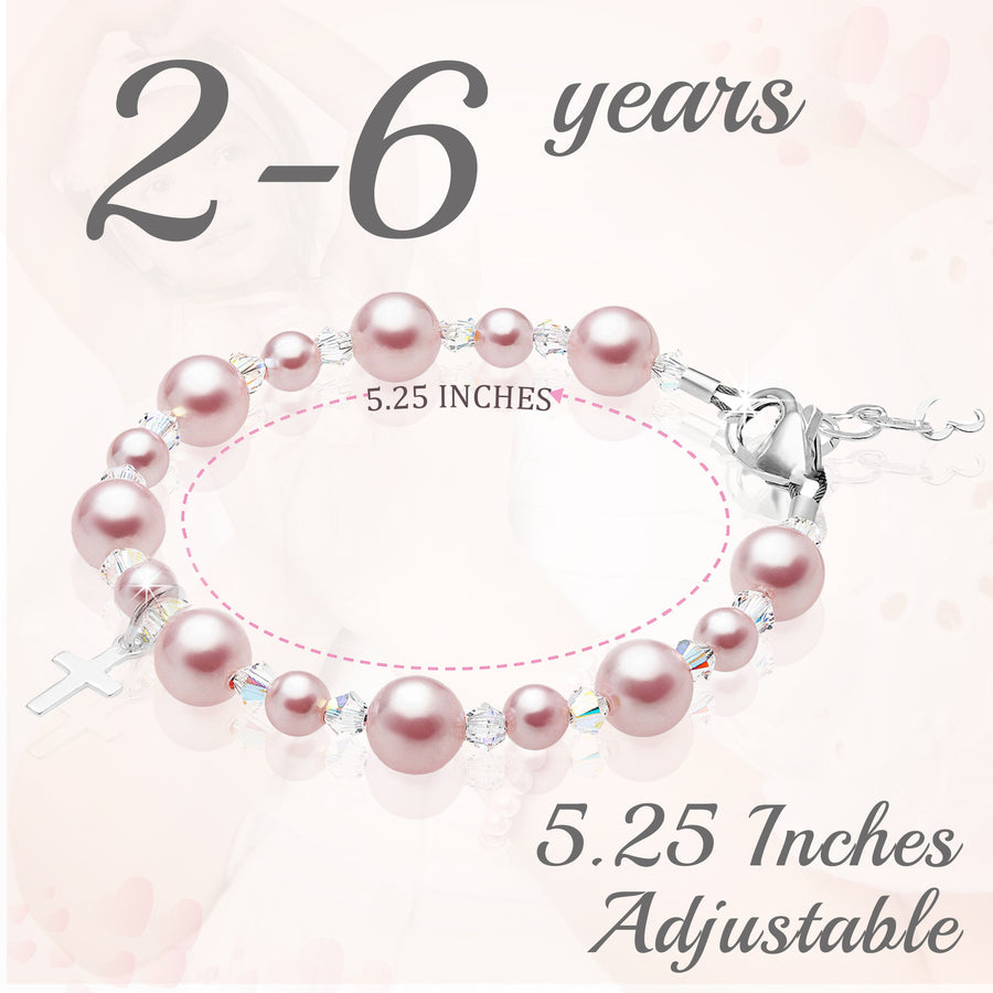 Toddler Baby Girl Baptism & Christening Pink Pearl Sterling silver Cross Charm Bracelet