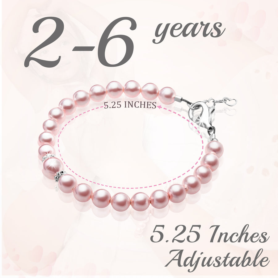 Little Girl Toddler Bracelet with Pink Pearl & Silver Daises