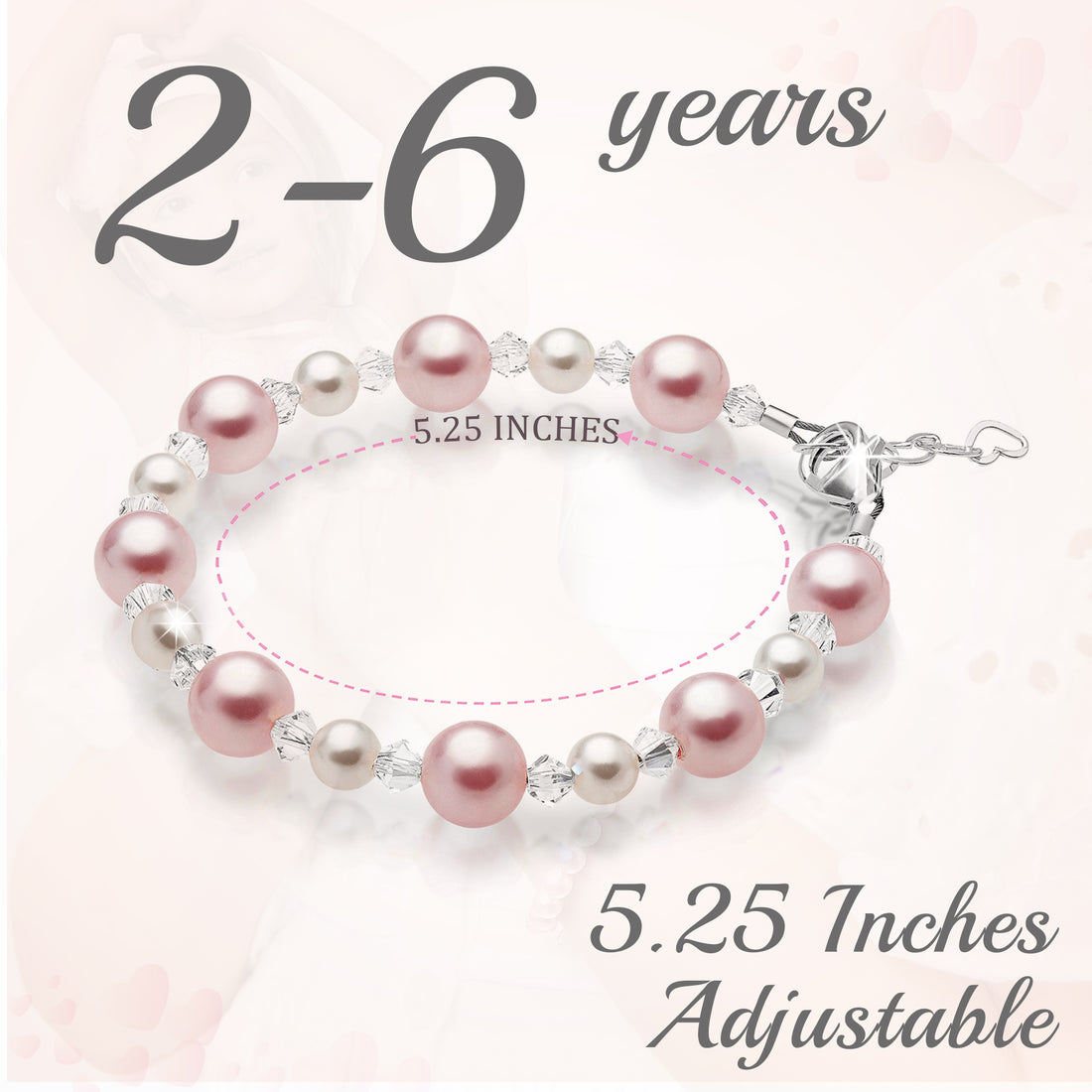 Sterling Silver Bracelet for Girls with Pink & White Pearls & Clear Crystals