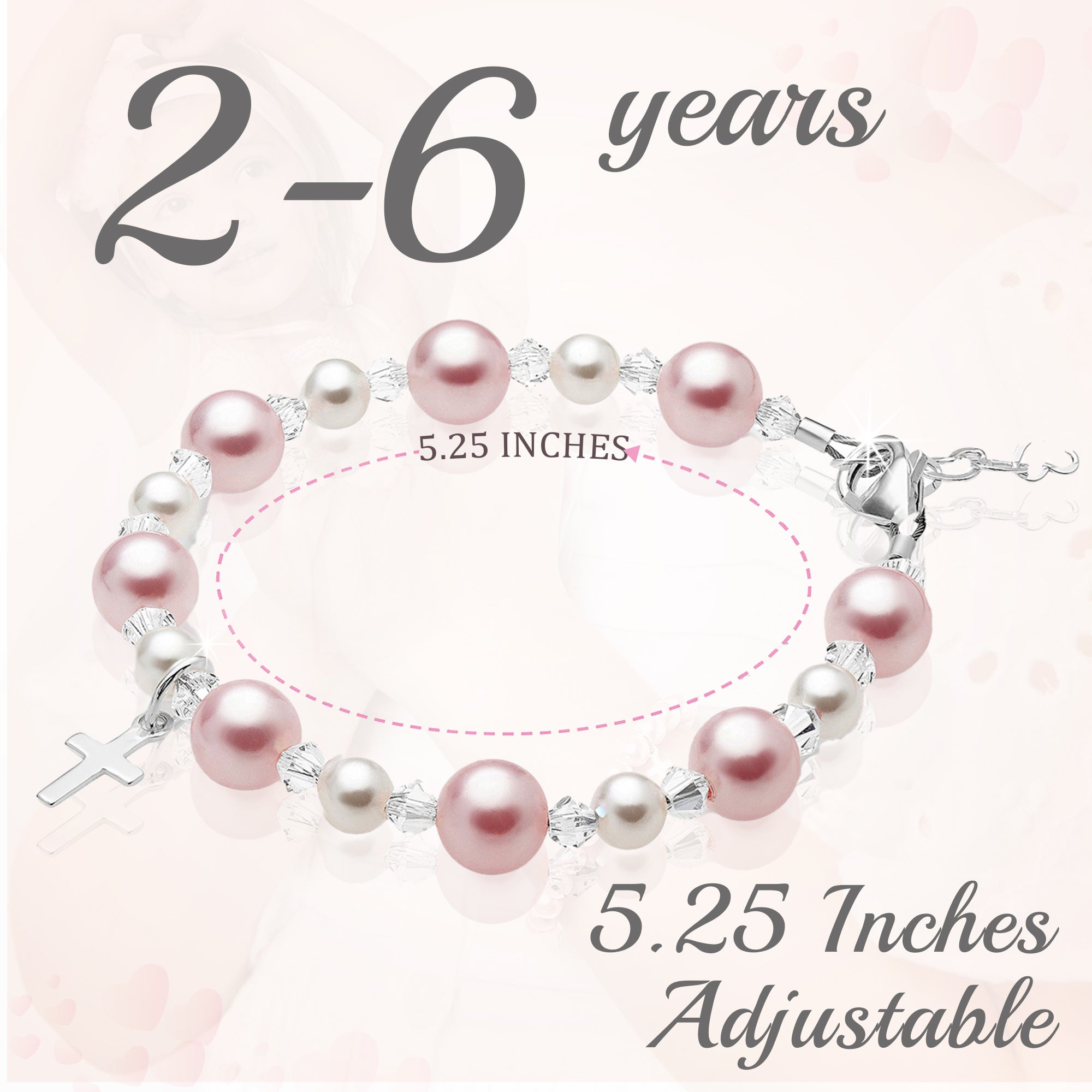 Sterling Silver Cross Baptism Bracelet for Girls - Pink &amp; White Pearl Clear Crystals