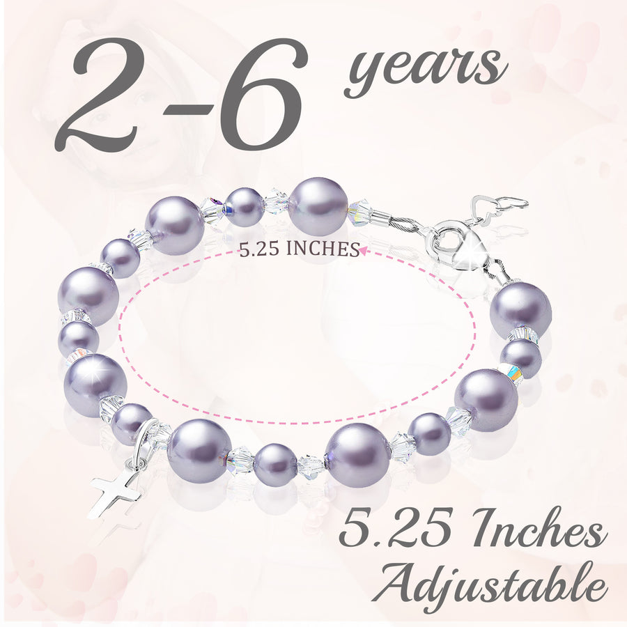 Baptism & Christening Sterling silver Cross Bracelet for Girls Lavender Pearls & Clear Crystals