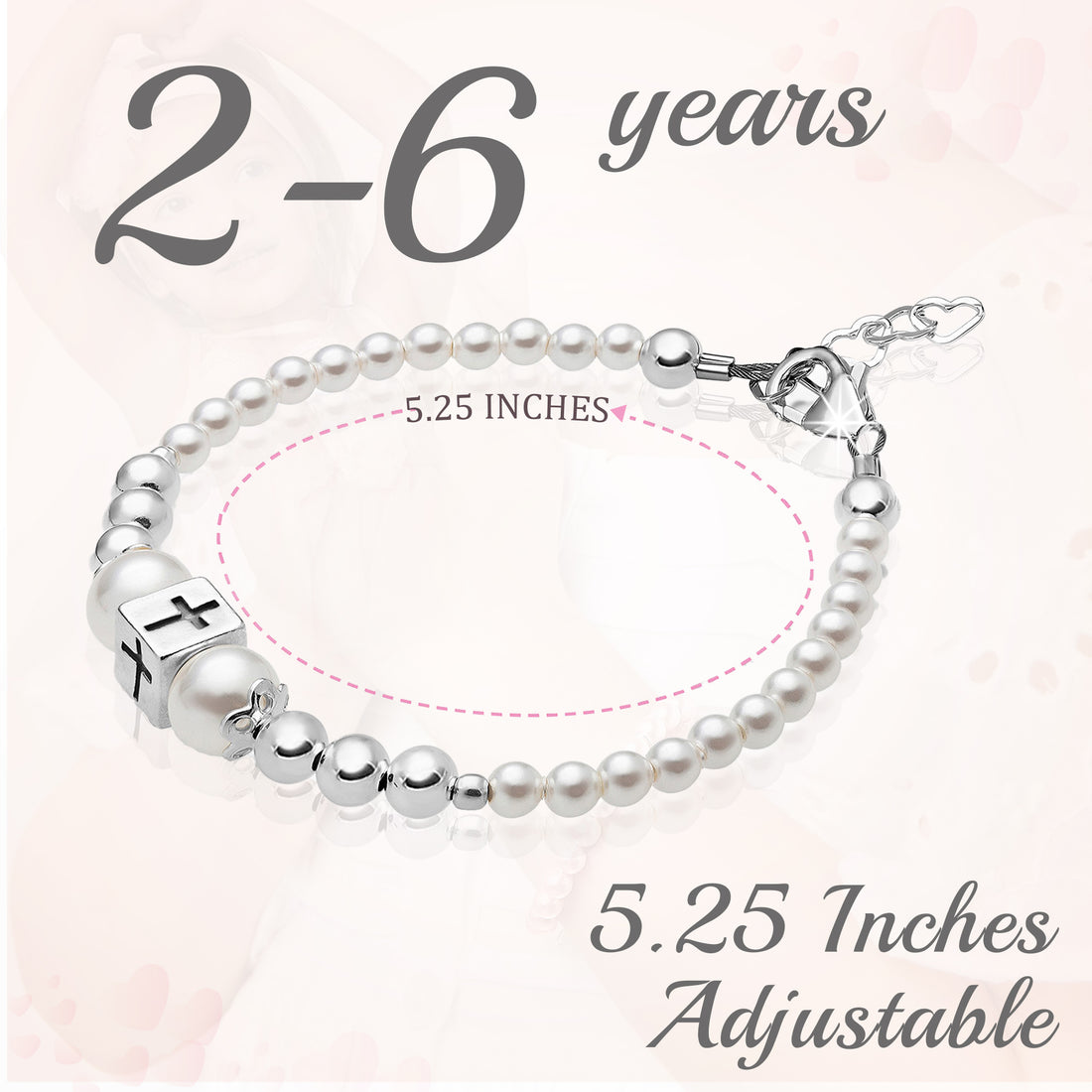 Sterling Silver Beads Box Cross White Pearl Bracelet for Girls - Baptism Gifts