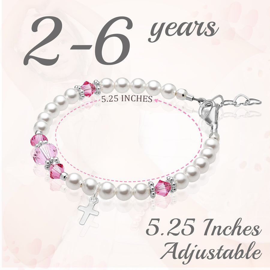Toddler Baby Girl Sterling Silver Cross Baptism Pearl Bracelet White Pearl Pink Crystals