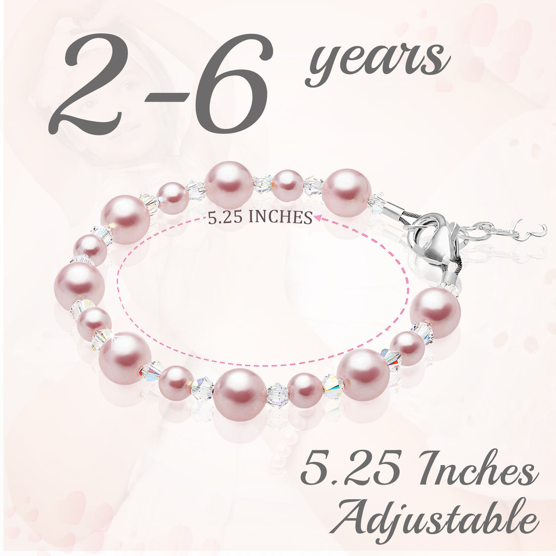 Sterling Silver Bracelet for Girls with Pink Pearls & Clear Crystals