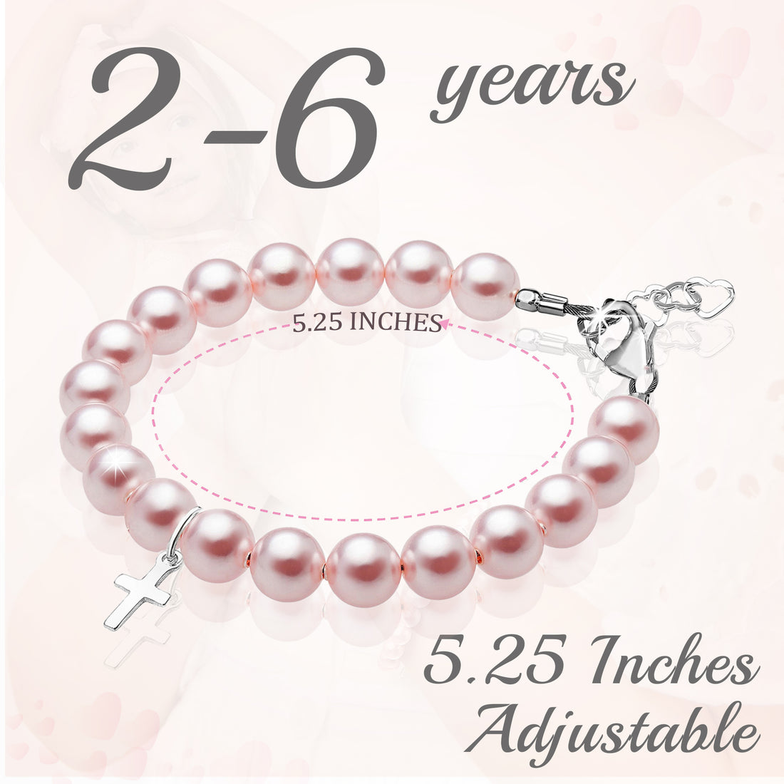 Sterling Silver Cross Baptism Bracelet for Girls - Pink & White Pearl Clear Crystals
