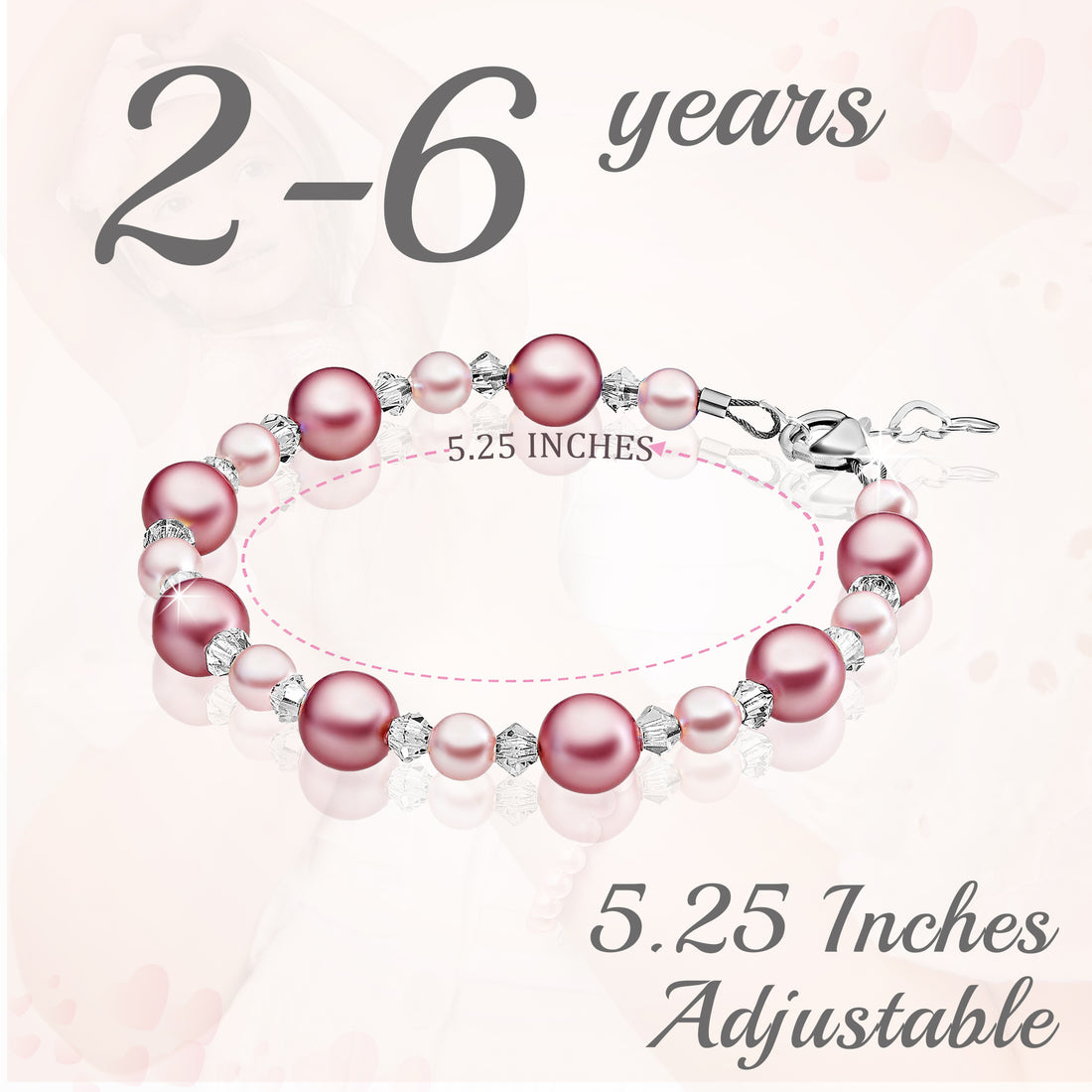 Little Girl Toddler Bracelet with Rose & Pink Pearls & Clear Crystals