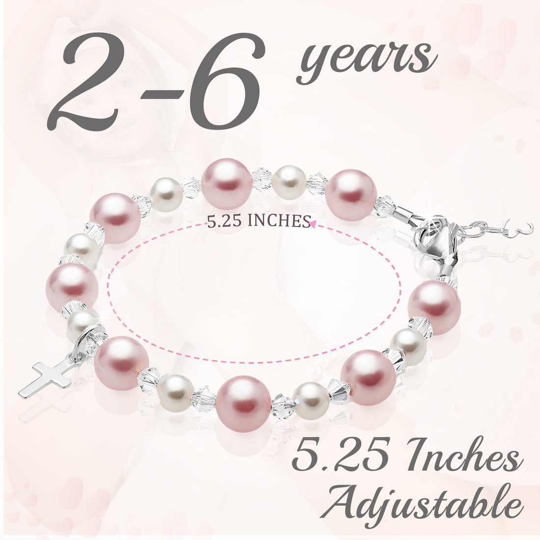 Toddler Baby Girl Baptism Bracelet Sterling Silver Cross Pink & White Pearl Clear Crystals