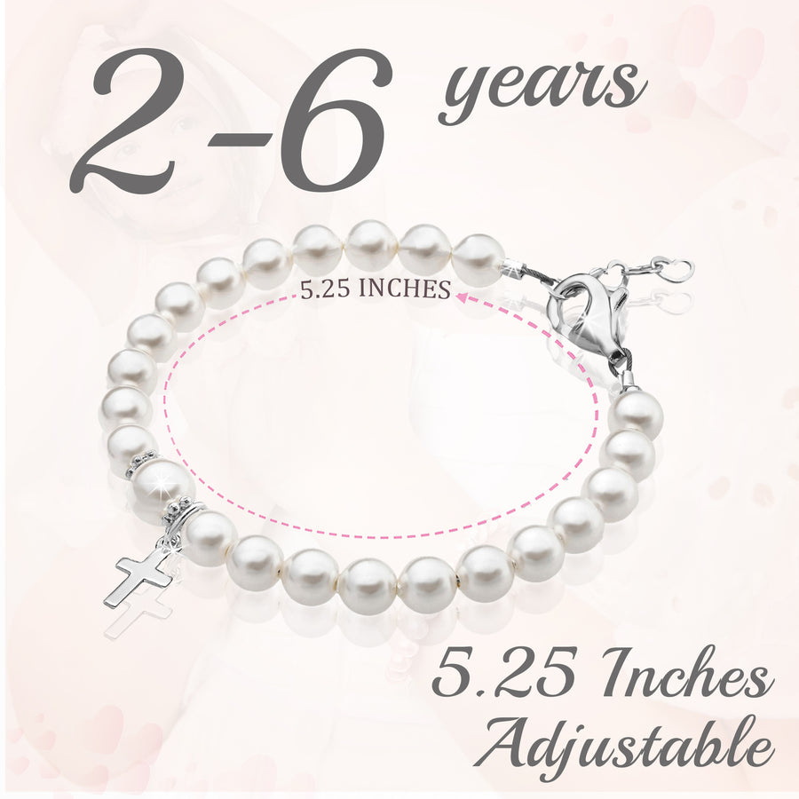 Sterling Silver Cross Charm White Pearl Bracelet for Girls - Christening & Baptism Gifts