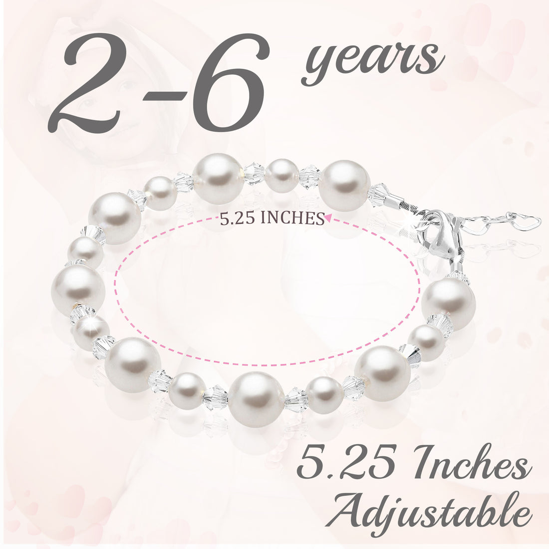 Sterling Silver Bracelet for Girls with White Pearls & Clear Crystals