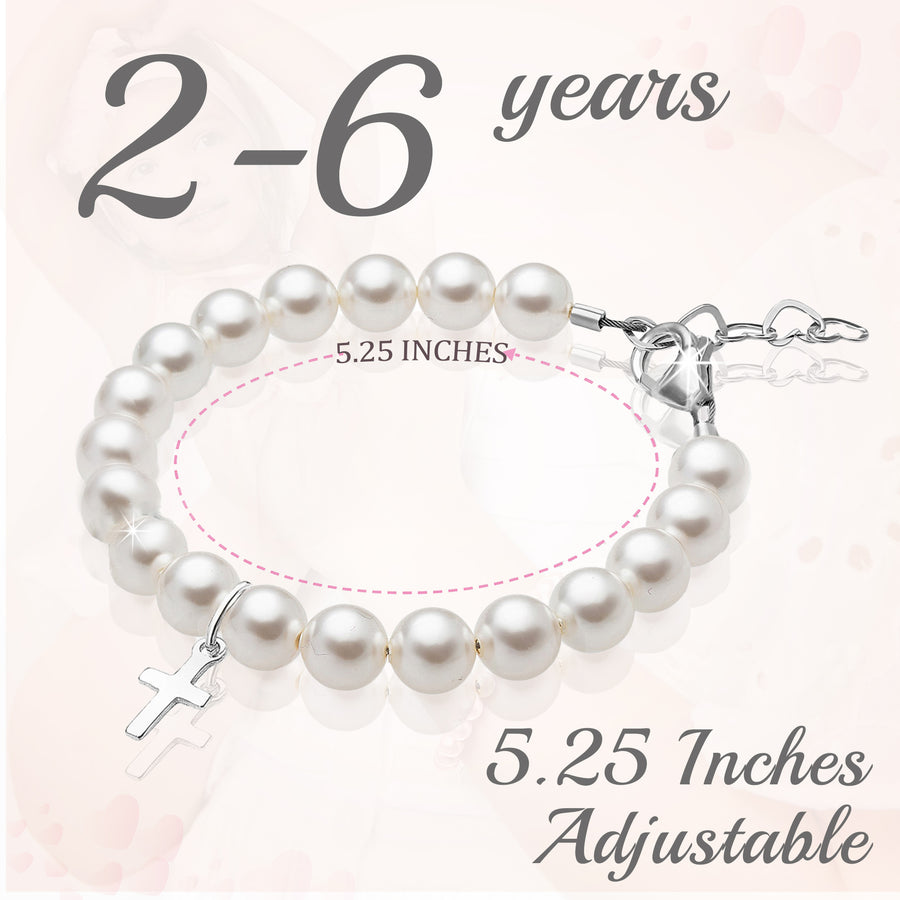 Sterling Silver Cross Charm White Pearl Bracelets for Girls - Baptism Gifts